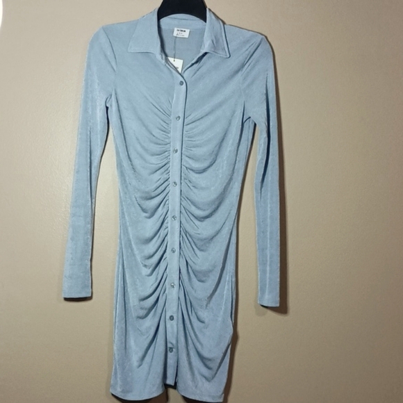 Cotton On Soft Blue Ruched Button-Up Mini Dress - Picture 2 of 6